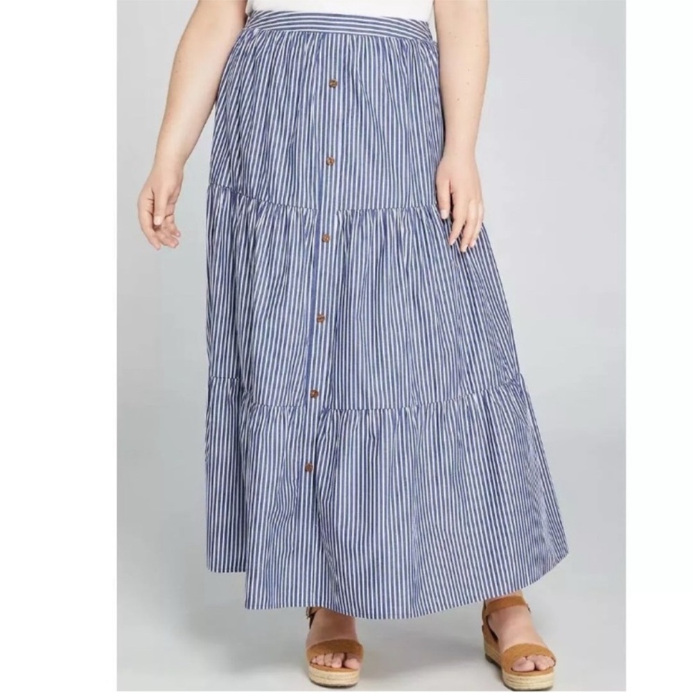 Lane Bryant Skirt Blue Stripe Poplin Tiered Maxi Beach Coastal Preppy Sz 22/24